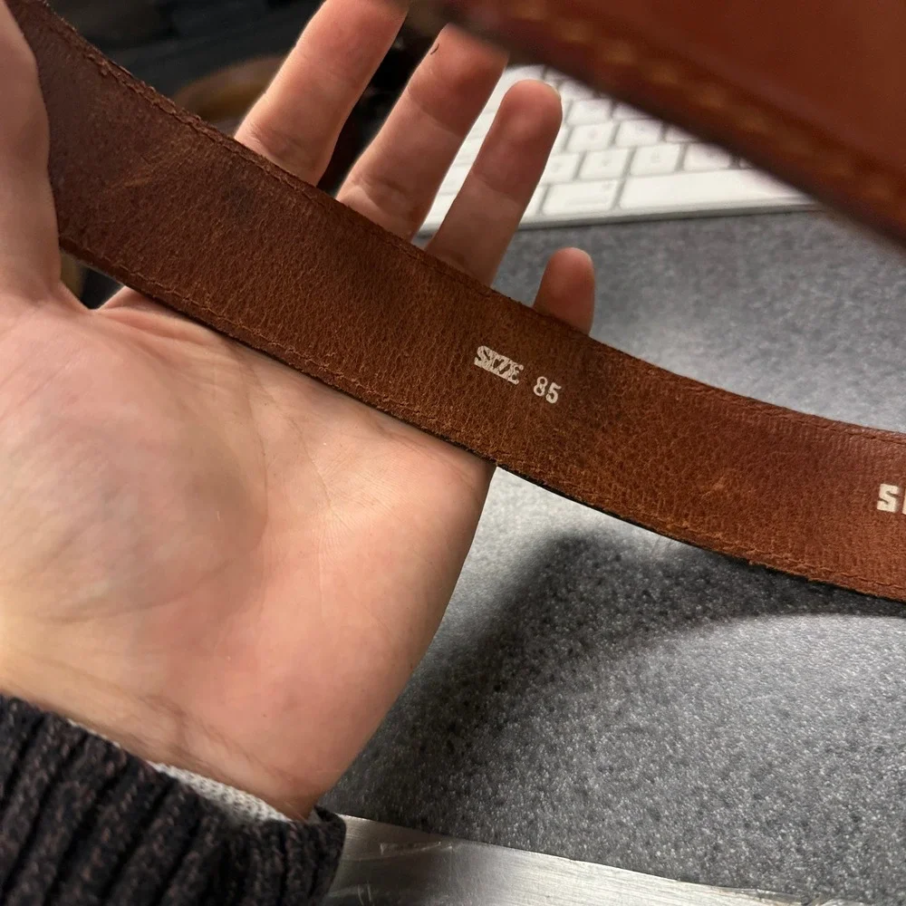 Sisley Jeans Leather Belt Unisex 85 Brown Good Italian Brass Buckle Vintage